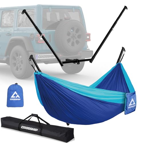 CROSSHIP Hitch Mount Hammock Stand - Includes Parachute Nylon Hammock & Storage Bag - for 2'' Receiver, Fits Class III & IV Heavy Duty Trucks, for Camping, Outdoor, Travel (350lbs Weight Capacity)