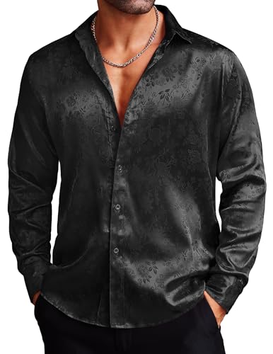 COOFANDY Mens Dress Shirt Casual Button Down Floral Rose Printed Prom Wedding Party, Black, Medium, Long Sleeve