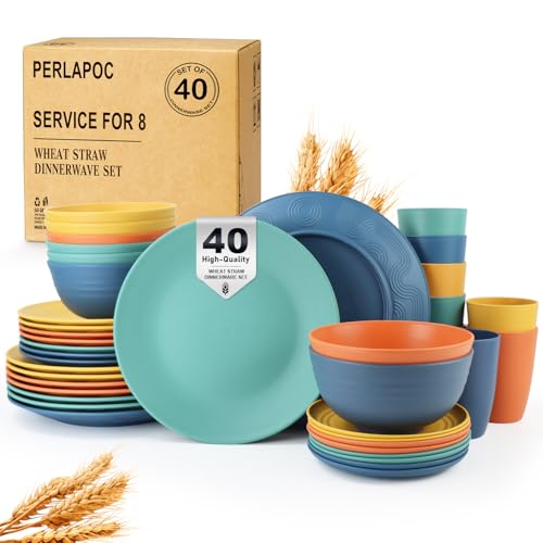 Perlapoc Wheat Straw Dinnerware Set 40 PCS - Service for 8 | Plates and Bowls Set | Unbreakable Dishes Set - Dinner Plates, Dessert Plates, Cereal Bowls, Drinking Glasses, Dishwasher Safe - Multi