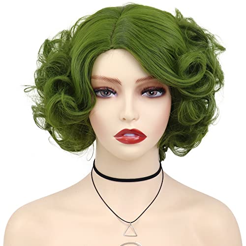 GNIMEGIL Short Olive Green Fluffy Curly Wavy Layered Wigs for Women Anime Cosplay Party Costume Synthetic Wigs Lady