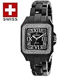 Peugeot Swiss Women Genuine Ceramic Watch - Square Case with Swarovski Crystal Bezel and Bracelet