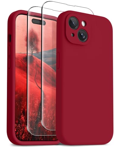 OTOFLY Compatible with iPhone 15 Case, Compatible with MagSafe, Military-Grade Protection, 2 Pack Screen Protectors, Silicone Shockproof Magnetic Phone Case, Deep Red