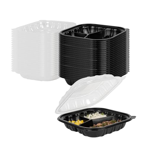 Restaurantware Thermo Tek 40 Ounce Clamshell Containers, 100 Disposable Take Out Boxes - 3 Compartments, Ventilated Lids, Black Plastic Meal Prep Containers, Microwavable, For Pasta Or Salads