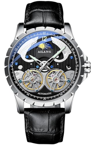 B BINGER Men's Skeleton Watches Automatic Ailang Watch with Dual Balance Wheels Wristwatch (Silver Black)