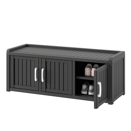 KAMABOKO Outdoor Shoe Storage Cabinet Waterproof UV-Resistant, Entryway Storage Bench Indoor Outdoor with 3 Barn Doors, Adjustable Shelves for Entryway, Bedroom, Hallway,Living Room(Black)