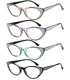 EYEURL Cat Eye Reading Glasses for Women - Blue Light Blocking 4 Pack Ladies Fashion Readers with Flexible Spring Hinges, Anti-Glare&UV Rays +2.00 Eyeglasses, Black/Brown/Green/Purple