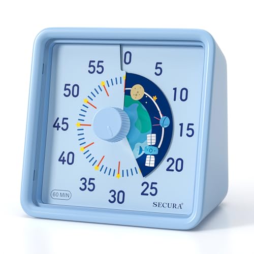 Secura 60-Minute Visual Timer for Kids, Time Clocks, Countdown Timer for Office Kitchen, Classroom Timer for Kids, Silent Time Management Tool (Blue & Blue)