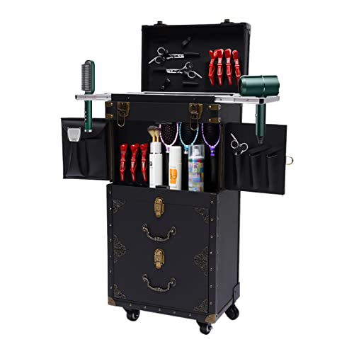 MhdunueSK Rolling Lockable Makeup Train Case Hairdressing Trolley,Black Stylist Beauty Salon Cosmetic Luggage Travel Organizer Tool Box with 4 Storage Compartments and Wheels,for Barber(Style E)