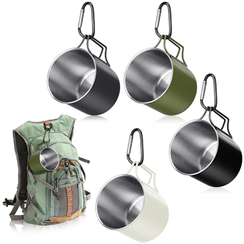 Zhehao 12 oz Camping Mugs Set of 4 Metal Camping Coffee Cups Stainless Steel Cups with Folding Handles D Ring Portable Backpacking Mugs Travel for Outdoor Hiking Climbing Picnic Party