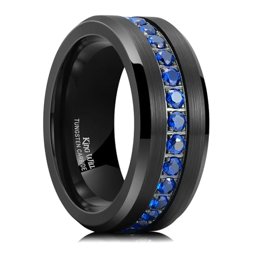 King Will Mens Black Tungsten Wedding Band with Blue Cubic Zircon Inlay 8mm Beveled Edge Rings Comfort Fit Engagement Anniversary Rings, size 11