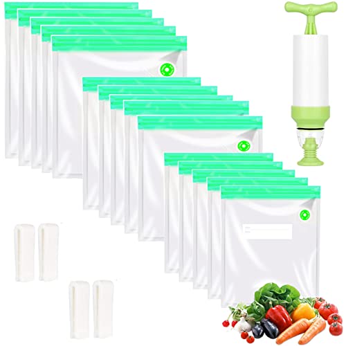 Sous Vide Bags 20pack Reusable Vacuum Food Storage Bags with 3 Sizes Vacuum Food Bags,1 Hand Pump,4 Sealing Clips for Food Storage and Sous Vide Cooking (Green Kit)