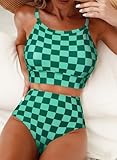 Herseas Womens Tankini Sets High Neck Top Floral Print Bikini Bottom High Rise 2 Pieces Swimsuits Cute Teen Tummy Control Green Checkerboard Bathing Suits Medium