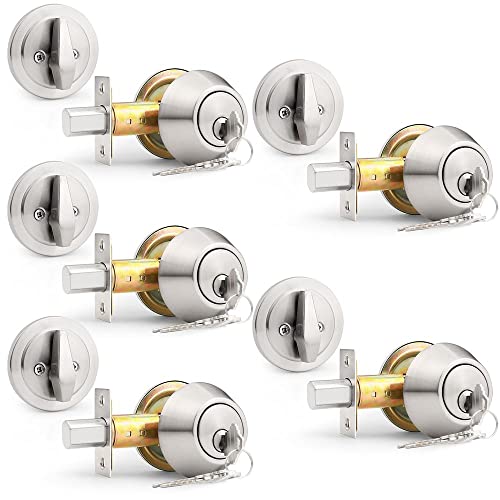 Probrico(5 Pack) Brushed Nickel Keyed Alike Single Cylinder Deadbolts (Combo Packs), Keyway Keys Handleset, 3 Keys Anti-Theft Interior& Exterior Door Hardware (for Entrance Lock and Front Gate)