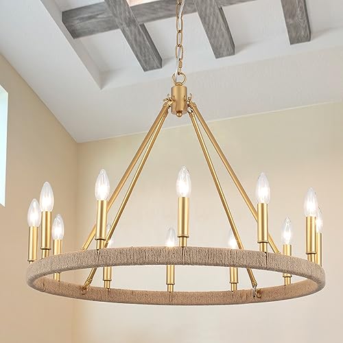 ZJVAIVE 12-Lights Gold Wagon Wheel Chandelier 28" Large Gold Farmhouse Chandelier Vintage Circle Light Fixture for Dining Room Kitchen Island Height Ceiling Living Room