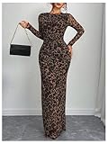 Verdusa Women's Cheetah Print Ruched Maxi Dress Long Sleeve Bodycon Dress Brown Large