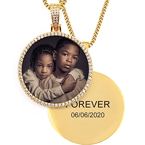 TUHE Custom Picture Necklace Personalized Photo Necklace For Men Circle Memorial Picture Pendant 18K Gold Plated Customized Engraved Photo Rip Chain Medallion