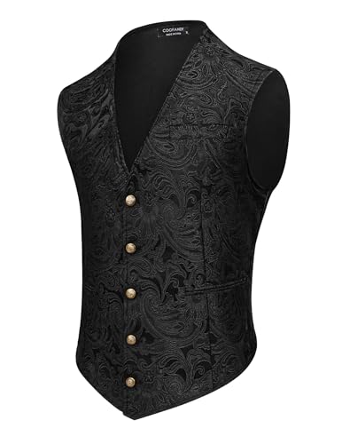 COOFANDY Suit Vest for Men Black Paisley Floral Victorian Vests Steampunk Gothic Waistcoat for Prom Party Tuxedo, Black, L
