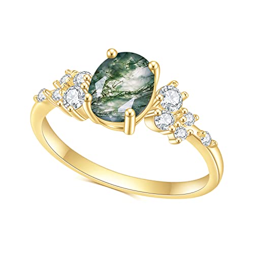 Gem's Beauty Green Moss Agate Rings 14K Gold Three Stone Engagement Ring in 925 Sterling Silver Women's Gold Ring Gifts for Her(Size8)