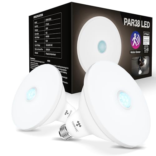Torkase Upgraded Motion Sensor Light Bulbs, Outdoor Security PAR38 Flood LED Bulbs with Light Sensor, E26 Movement Activated 5000K Daylight, 20W 2000LM 150W Equivalent, for Indoor-Outdoor