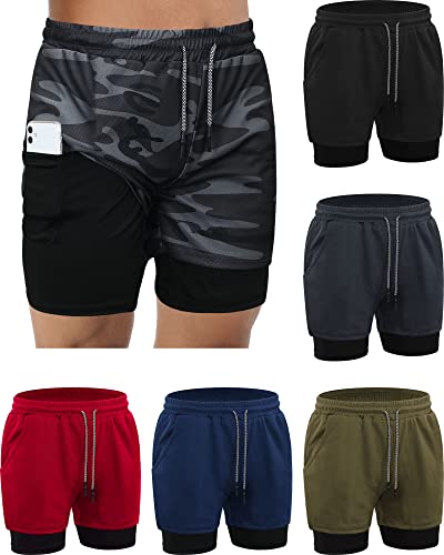 Sureio 6 Pcs Men's 2 in 1 Workout Running Shorts 5" Athletic Gym Shorts with Liner Quick Dry Shorts with Pockets Towel Loop(X Large,Classic Colors)