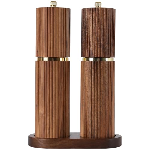 Wooden Salt and Pepper Grinder Set, Refillable Salt and Pepper grinder with adjustable Coarseness, Acacia Wood pepper mill manual, Salt and Pepper Shakers Matching Wooden tray-Ideal for Gifting