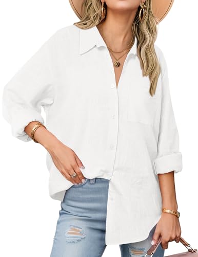 Zeagoo Oversized Linen Button Down Shirts for Women Cotton Casual Button Up Tops 2025 Summer Blouses White