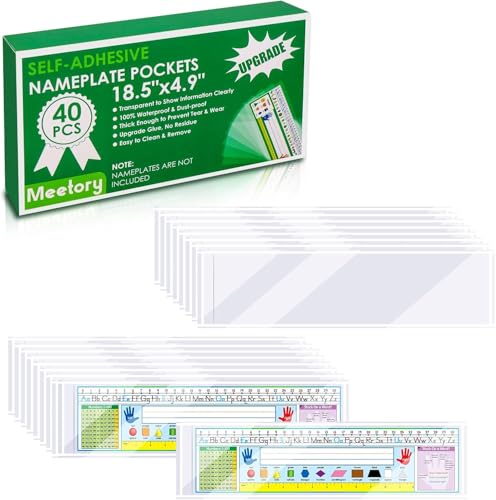 Meetory 40 PCS Nameplate Pocket, 18.5" x 4.9" Self Adhesive Desk Nameplates Name Tag- Pocket, No Residue Clear Plastic View Name Tag- Sleeves for Classroom Desk, Office Supplies.