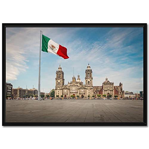 Black Framed Wall Art Picture on Canvas Zocalo Square and Mexico City Cathedral Mexico City Mexico Poster Artwork Stretched & Framed Paintings Home Decor Living Room Ready to Hang 23"X34"