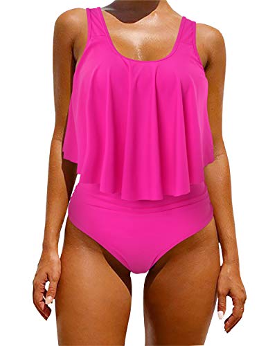 OMKAGI Women Ruffle Bikini Swimsuit Solid Plus Size Bathing Suit High Waisted Bottom(XXX-Large,Hot Pink)