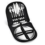 Aaspad Picnic Cutlery Kit with Portable Case Camping Essentials Silverware Set Travel Utensils Outdoor Tableware Stainless Steel Flatware with Forks,Spoons,Serrated Knife,Food Clip,Plates (Sliver)