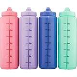 Hydra Cup Sport [4 Pack] 32 oz Squeeze Water Bottles, Fast Flow Sports Water Bottle with Ball Blender Whisk, Bike & Cycling Water Bottle, Travel To Go, BPA Free (Bright Colors)