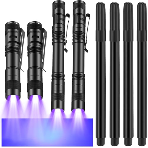 Tegeme 8 Pcs Black Light Markers Set 4 Invisible Ink Pen 4 Mini UV Flashlights Invisible Ink Marker Disappearing Pen for Class Prizes Spy Gift Party Favors(Black)