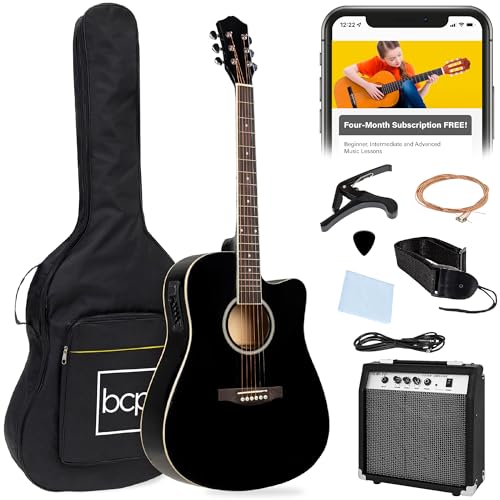 Best Choice Products Beginner Acoustic Electric Guitar Starter Set w/ 41in, All Wood Cutaway Design, Gig Bag, Strap, Picks - Black