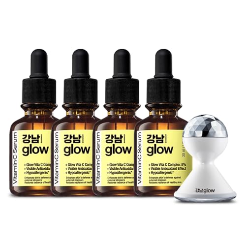 GANGNAM GLOW Vitamin C Serum 1.01 oz(Pack of 4) + Galvanic Red LED Booster - Korean Skin Care I Vitamin E & Hyaluronic Acid Serum for Face I Dark Spot Corrector for Face I Face Moisturizer for Women