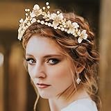 Gortin Flower Crown Bride Wedding Headband Gold Leaf Bridal Princess Headpiece Pearl Tiara Hair Accessories for Women