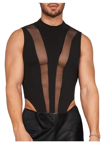 Floerns Men's Contrast Mesh Sleeveless Jumpsuit Mock Neck Club Bodysuit Leotard Black Medium