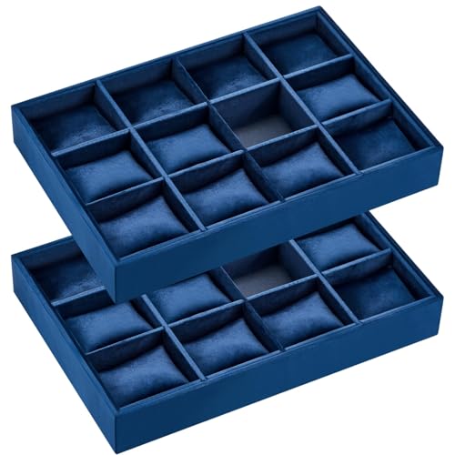 Henoyso 2 Pieces Blue Velvet Watch Tray Jewelry Organizer 12 Grid Stackable Watch Bracelet Bangle Display Holder Adjustable Pillow