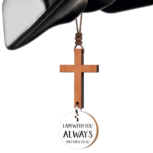 Bible Verse Car Rearview Hanging Cross Ornament - Scan Phone for Daily Verse, Cross For Car Mirror Hanging I Am With You Always, Christian Rear View Mirror Accessories Charm, Christian Gifts for Women