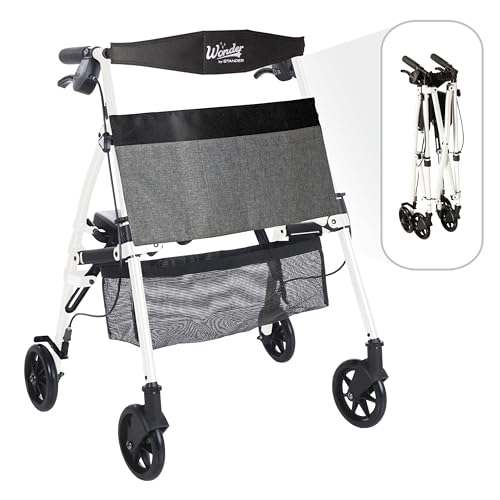 Stander Wonder Rollator Plus Short, Lightweight Junior Folding-Walker for Seniors and Adults, Travel EZ Fold-N-Go-Rollator, Petite Walker with Wheels and Seat, Vivid White