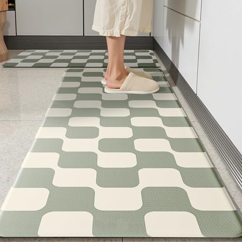 Sage Green Beige Retro Curvy Checkered Grid Checkerboard Kitchen Rug Sets [2 PCs], Anti-Fatigue, Waterproof Non-Slip Kitchen Mats Heavy Duty Comfort Foam Rug for Floor, Home, Laundry,17"x29"+17"x47"