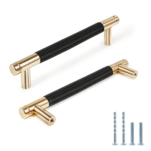 Zernmiarder Knurled Cabinet Pulls 25 Pack, 6 Inch Long Cabinet Handles Metal Door Pulls, Kitchen Drawer Pull Knurled Dresser Handles - 5" Hole to Hole, Black & Gold