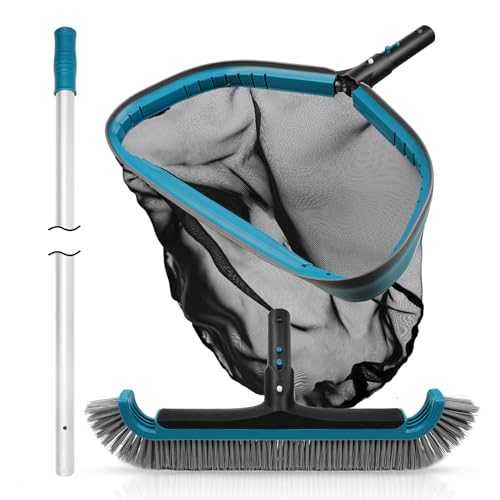 POOLWHALE Swimming Pool Cleaning Kit - Aluminum Frame Skimmer Net with 10Ft Adjustable Pole & 17.5” Pool Brush Head, Pools Maintenance Kits for Inground & Above Ground Swimming Pools, Removes Debris