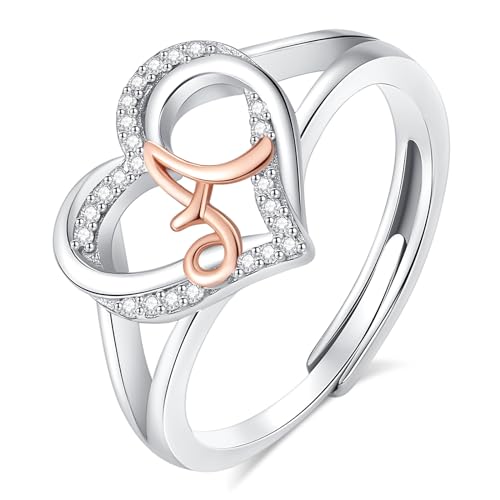 INFUSEU A Initial Ring for Women Letter Jewelry Sterling Silver Heart Shaped Alphabet Monogram Personalized Gifts for Her Birthday Girlfriend Wife Mother Daughter Cute 925 Adjustable Rings