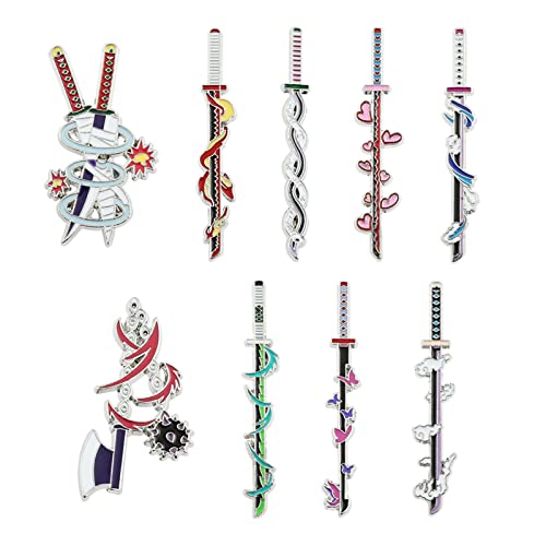 YURAOER Anime Slayer Keychain Pin Set - Cartoon Figures 9 Hashiras Mini Katana Sword Key Chains Enamel Pin Jewelry Men Women (9 Hashiras Pins)
