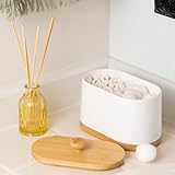 DAILY RITMO® White Cotton Swab & Ball Holder | 2 Compartment Container with Air Tight Seal Bamboo Lid