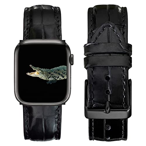 Black Crocodile Exotic Leather Band Compatible for Apple Watch 42mm 44mm 45mm 46mm 49mm Iwatch Men Alligator Replacement Strap Smartwatch Series 10 9 8 7 6 5 4 3 2 1 SE Handmade AW-01-DE-LL