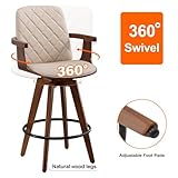 Bar Stools Set of 2, Upholstered Faux Leather Counter Height Bar Stools, Swivel Bar stools with Wooden Arms and Legs(Beige, 26" Seat Height)