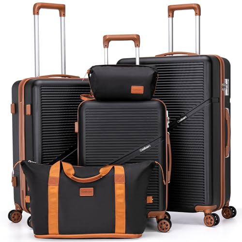 Cosbarn 5 Piece Luggage Sets with Spinner Wheels, Hardshell ABS Suitcase Set with Tsa Lock, Lightweight Hardside Waterproof Travel Suitcases for Men Women, Black