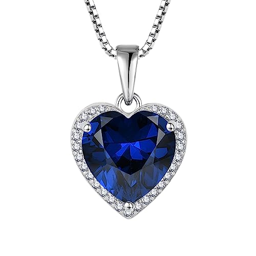 Lwsary Love Heart Sapphire Necklace 925 Sterling Silver Simple Halo Solitaire Pendant September Birthstone Jewelry for Women
