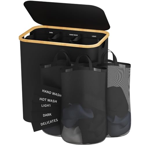 Laundry Hamper 3 Section, 145L Dirty Clothes Hamper with Lid, Extra Large Laundry Basket Organizer with Removable Inner Bags & Labels for Laundry Room, Bedroom, Black